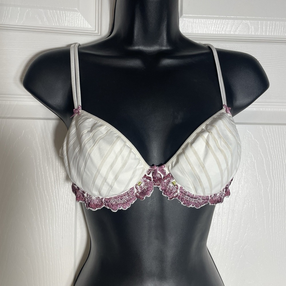 Simone Perele Embroidered‎ Bra Women 34B White Purple Floral Padded Cottagecore